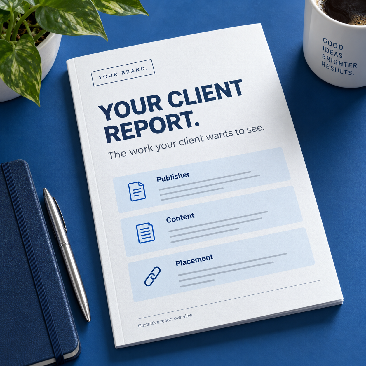 White label client report on a blue desk