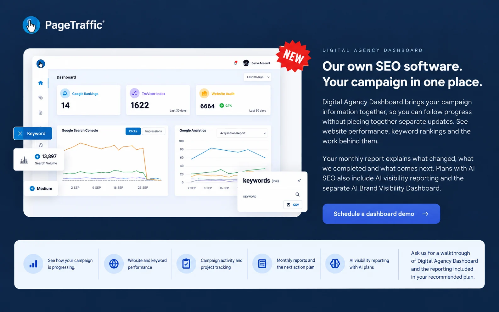 Digital Agency Dashboard demo account showing keyword, Search Console and Analytics reporting