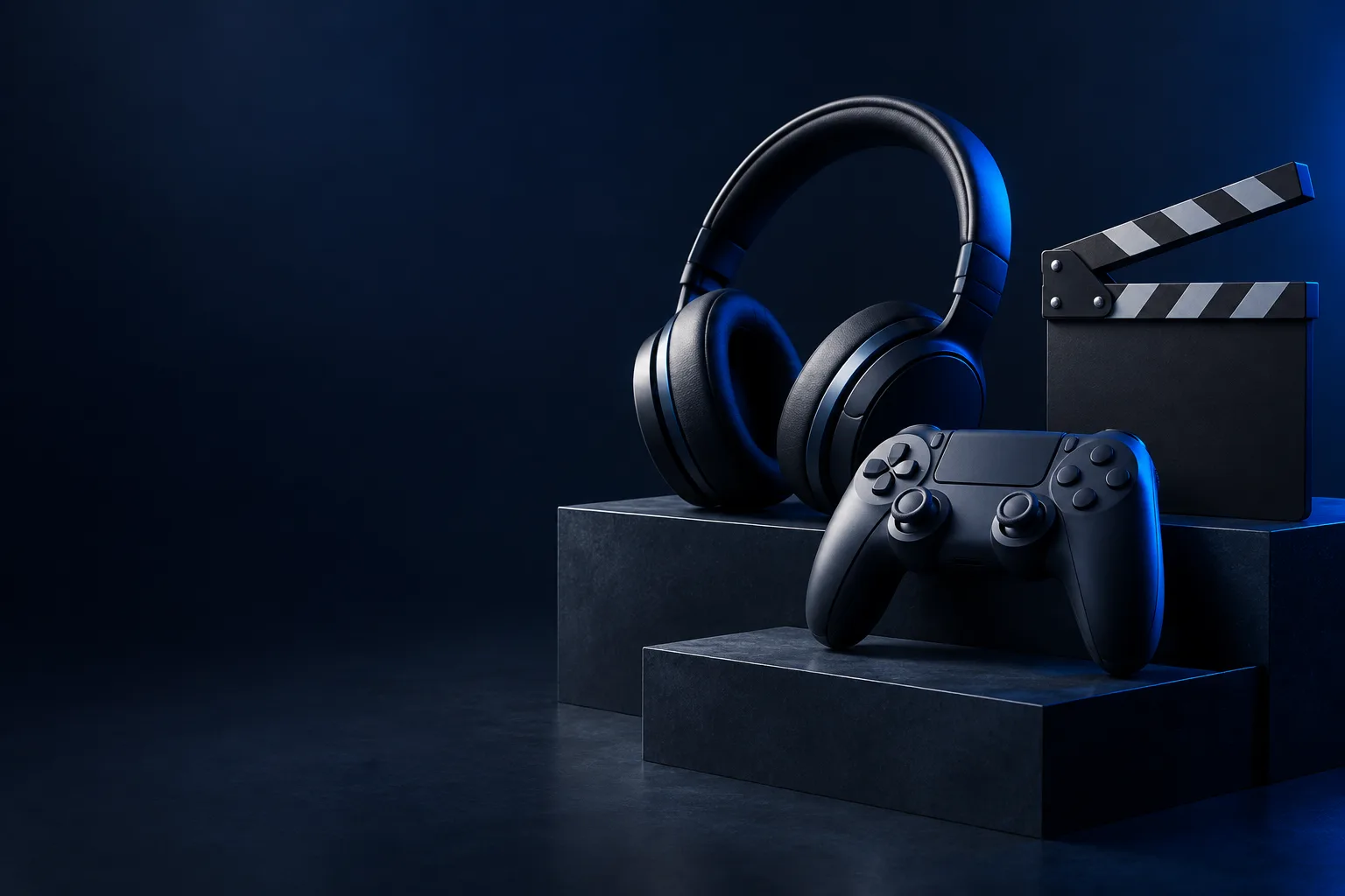 Gaming and entertainment equipment in a blue studio setting