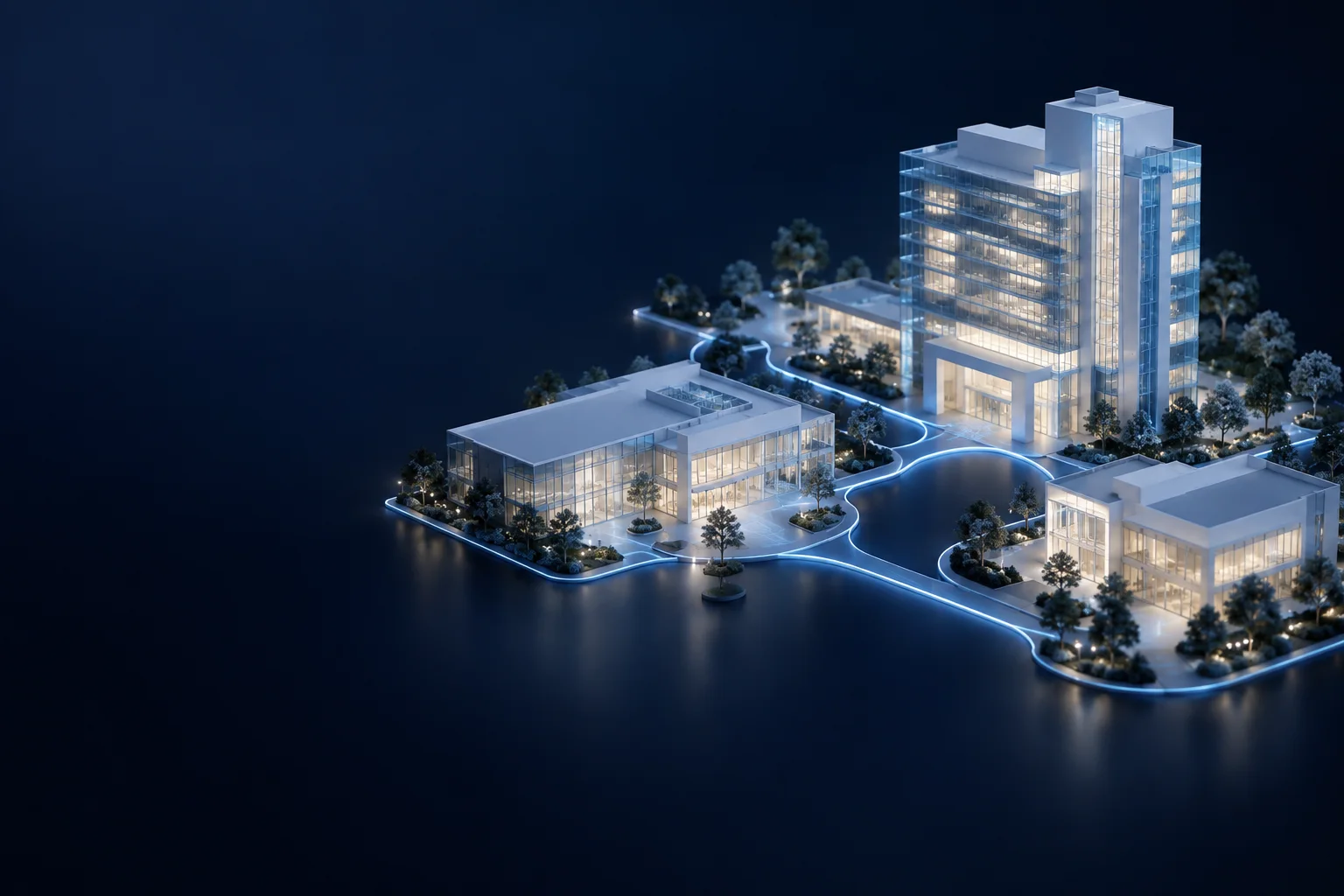 Illustration of connected healthcare buildings representing a coordinated search presence