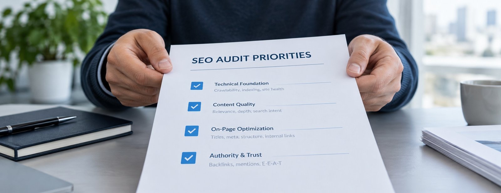 Specialist presenting an SEO audit priorities checklist