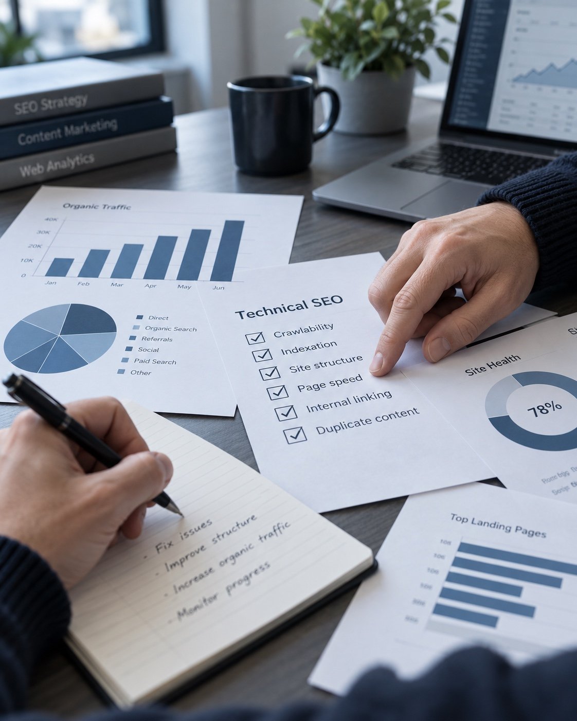 SEO specialist reviewing technical audit findings